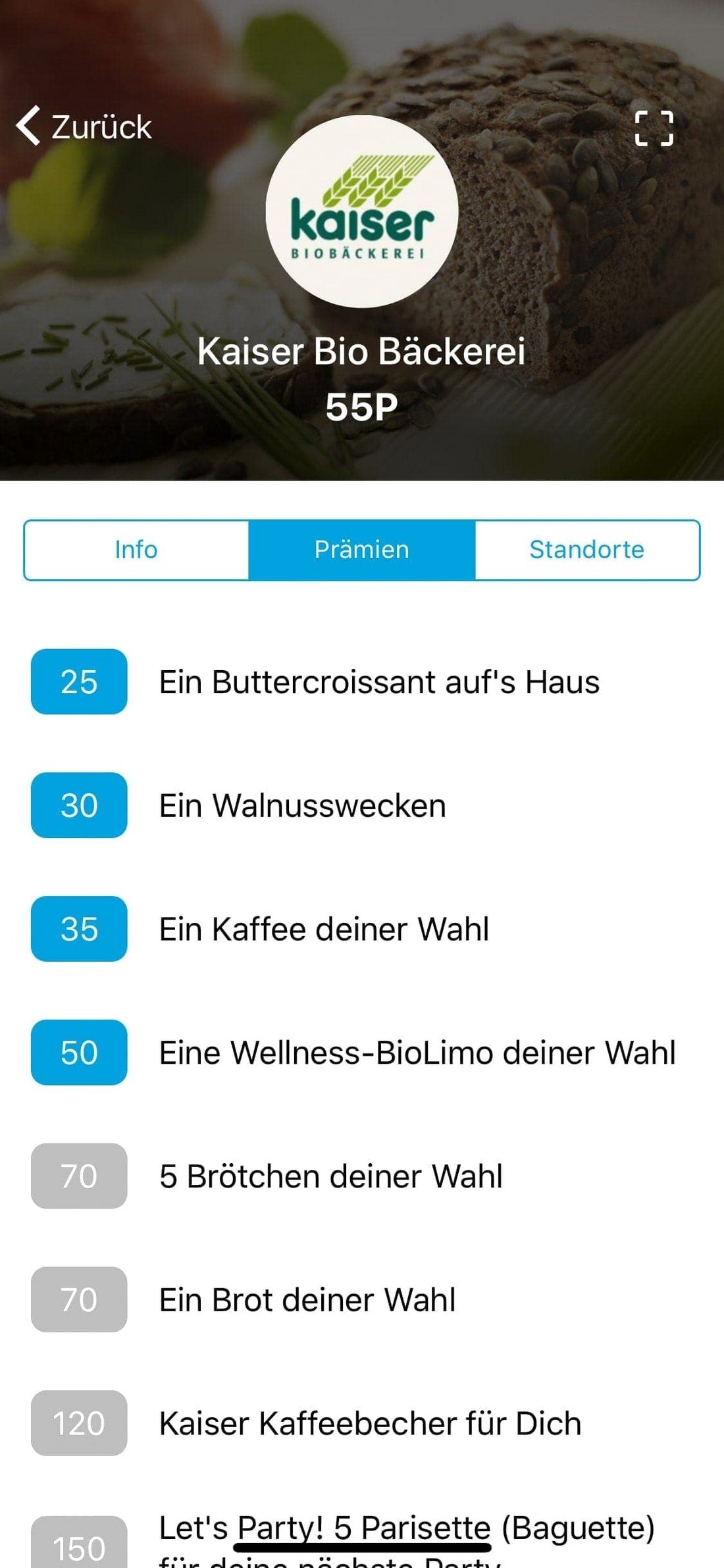 Screenshot: Punkte und Prämien Kaiser Bio Bäckerei