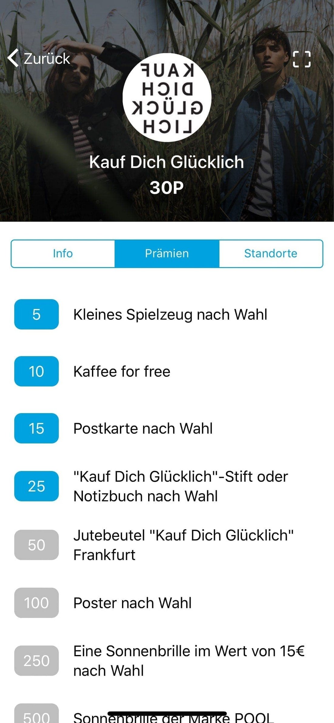 Screenshot: Punkte und Prämien kaufdichglücklich