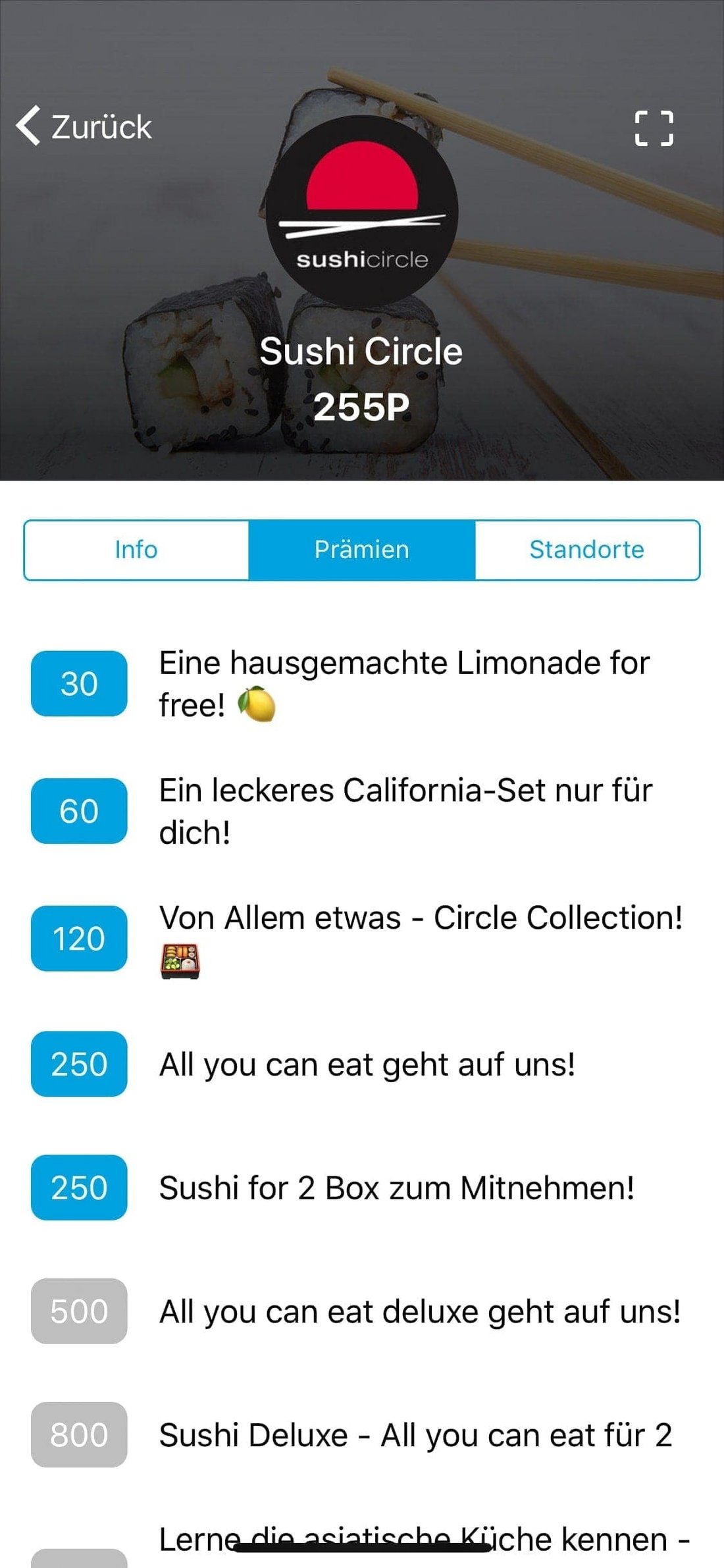 Screenshot: Punkte und Prämien Sushi Circle