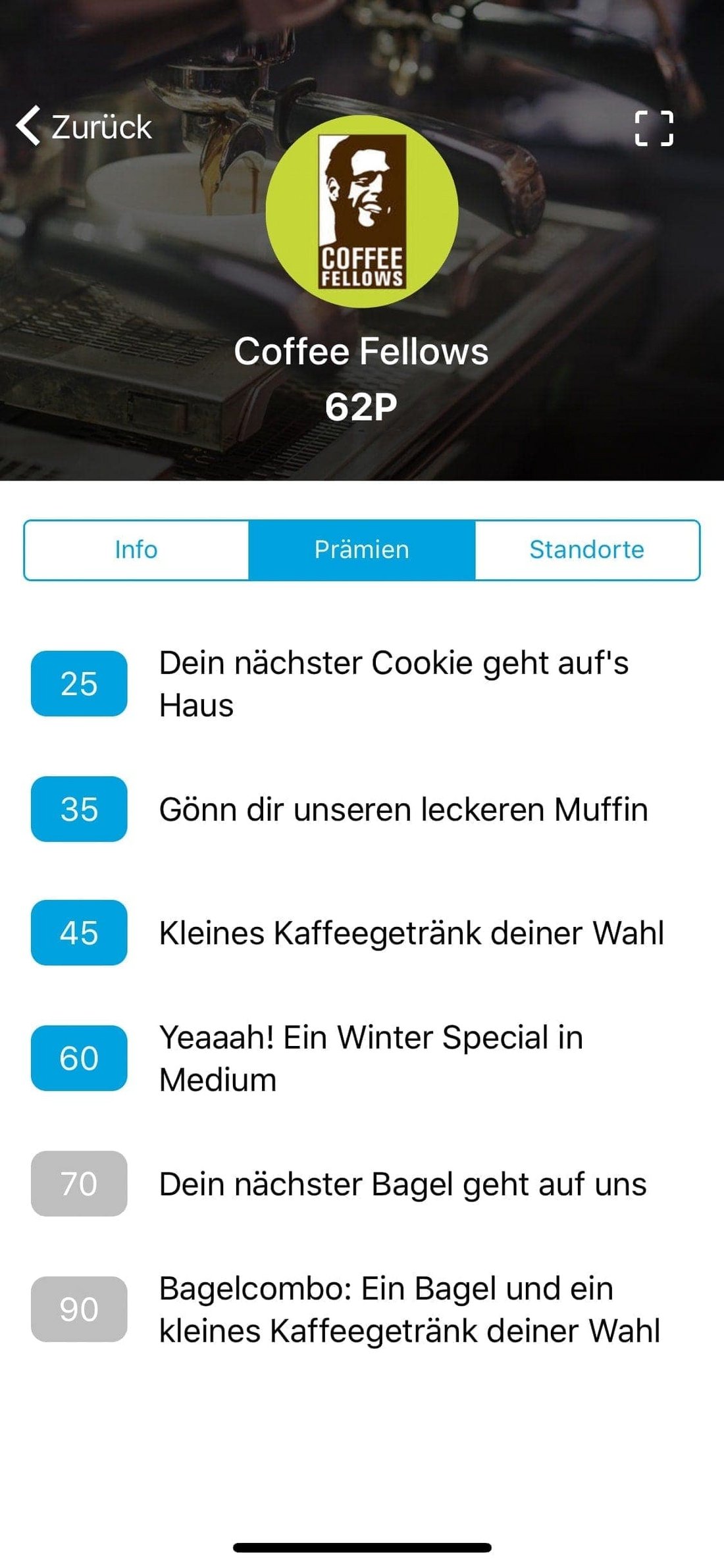 Screenshot: Punkte und Prämien Coffee Felllows