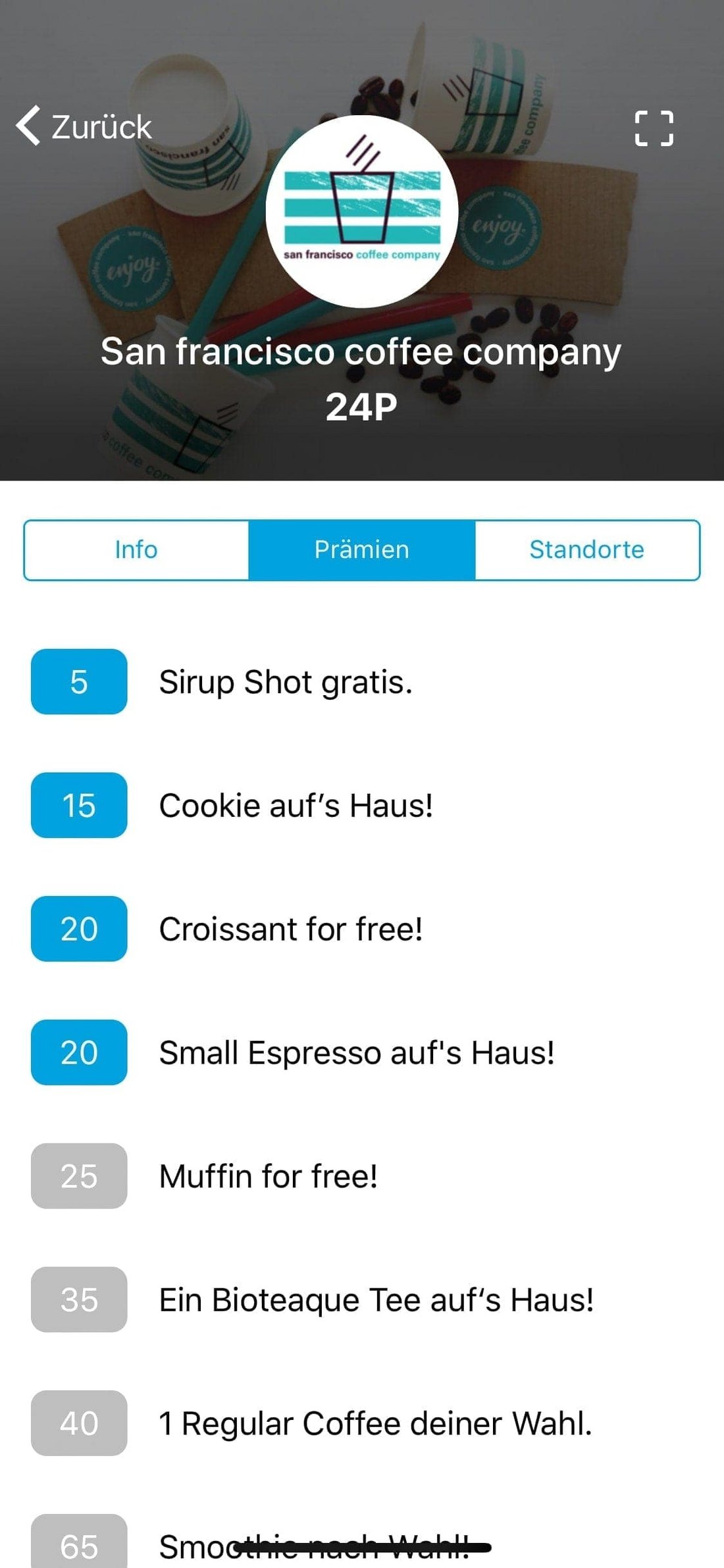 Screenshot: Punkte und Prämien San Francisco Coffee Company